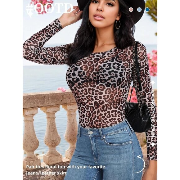 🆕Women Floral Mesh Top Leopard Crew Neck Long Sleeve Polyester Sexy Tee Shirt - Picture 4 of 6